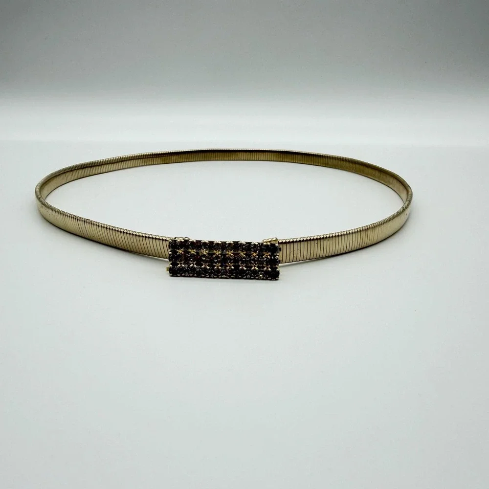 Vintage Gold Tone Snake Chain Stretch Belt Rhinestone Buckle Skinny Waist Belt